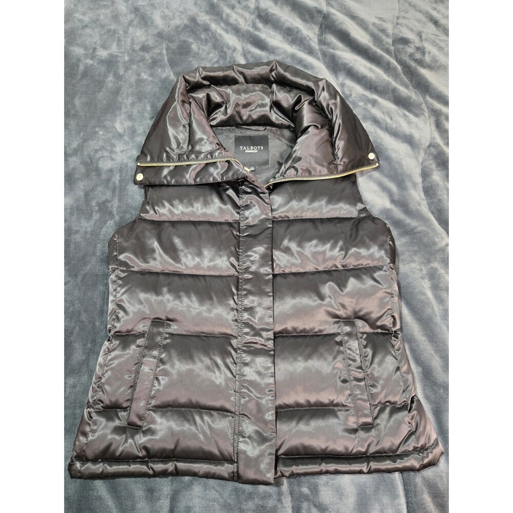 Talbots Down Puffer Vest Black Satin Zipper Gold Tone Snaps Polyester Size S